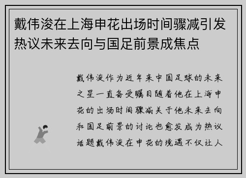 戴伟浚在上海申花出场时间骤减引发热议未来去向与国足前景成焦点