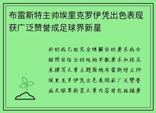 布雷斯特主帅埃里克罗伊凭出色表现获广泛赞誉成足球界新星