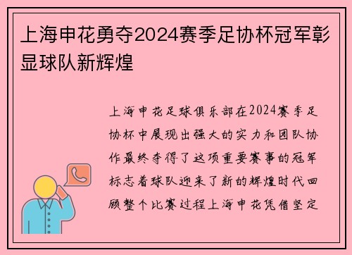 上海申花勇夺2024赛季足协杯冠军彰显球队新辉煌